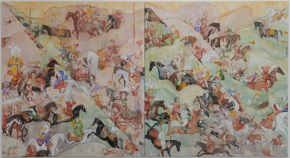 Geteilte Schlacht, 2024 &ndash; je 190 x 140 cm; Kasein/Pigment, Tusche und Garn auf Leinen; Foto: Annette Kradisch