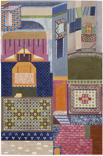 Raum ohne Schatten, 2024 &ndash; 190 x 125 cm; Kreidefarbe, Kasein/Pigment, Tusche und Garn auf Loden; Foto: Studio Jasmin Schmidt