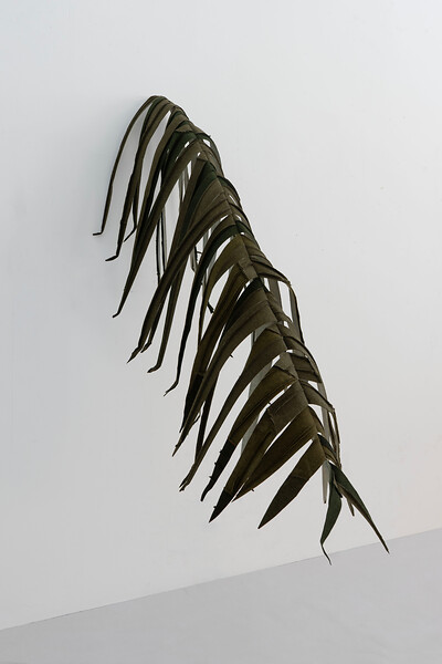 Zweig, 2025 &ndash; 206 x 135 cm; Kreidefarbe und Garn auf Loden; (Foto: Studio Jasmin Schmidt)