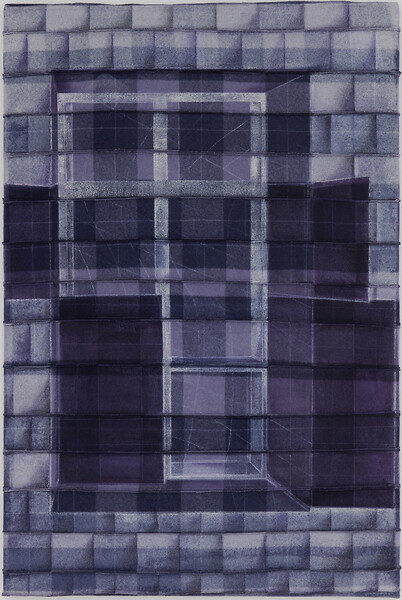 One door opens, 2024 &ndash; 90 x 60 cm; Garn, Tusche und Kreidefarbe auf Loden; Foto: Annette Kradisch