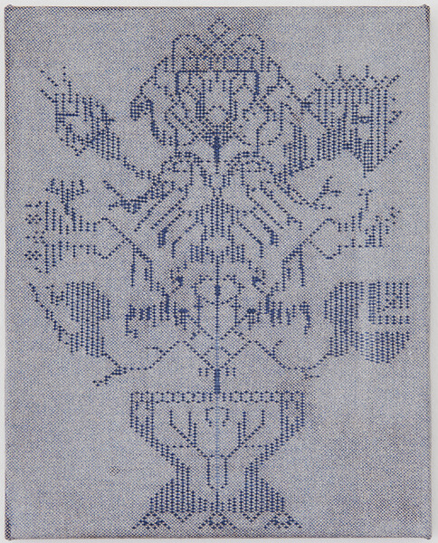 Blüten, 2025 &ndash; 60 x 48 cm; gezogenes Garn, Kreidefarbe auf Mischgewebe; Foto: Annette Kradisch