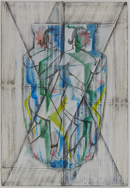 Im Doppel, 2024 &ndash; 70 x 48 cm; Kreidefarbe,Tusche und Garn auf Loden; Foto: Annette Kradisch