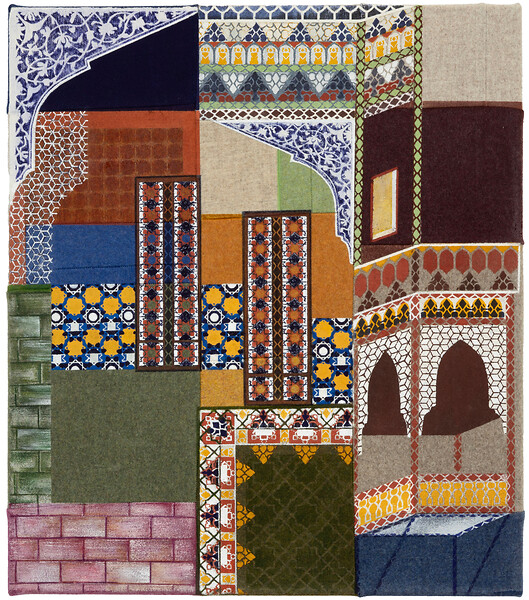 Durchgangsräume, 2024 &ndash; 55 x 48 cm; Kreidefarbe, Kasein/Pigment, Tusche und Garn auf Loden; Foto: Studio Jasmin Schmidt