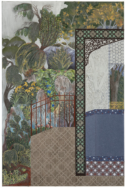 Jardin, 2025 &ndash; 195 x 120 cm; Kasein und Pigment , Garn auf Loden (Foto Studio Jasmin Schmidt