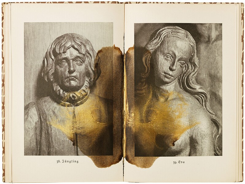 Ohne Titel (aus der Serie bearb. Bücher - Inselbücherei), 2017 &ndash; 18,5 x 24,8 x 1,5 cm; Tusche, Insel Bücherei Nr. 495, Nylon; Foto: Annette Kradisch