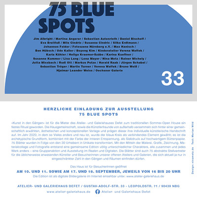 Einladungskarte 75 BLUE SPOTS – Gestaltung: Nina Metz | Text: Marian Wild