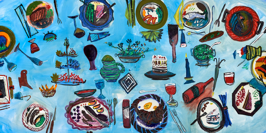 Detail aus Sebastian Tröger, "Das nächste Abendmahl", 2015 – 150 x 270 cm; Öl/Acryl/Leinwand; Foto: Tim Hufnagl
