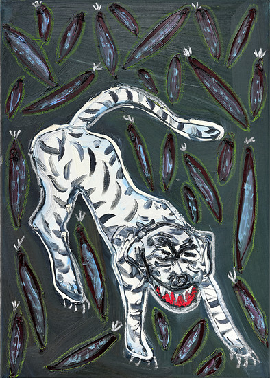 „Tigerhund mit Dekor“, 2019 – 70 x 50 cm; Ol/Acryl auf Leinwand; Foto: Tim Hufnagl