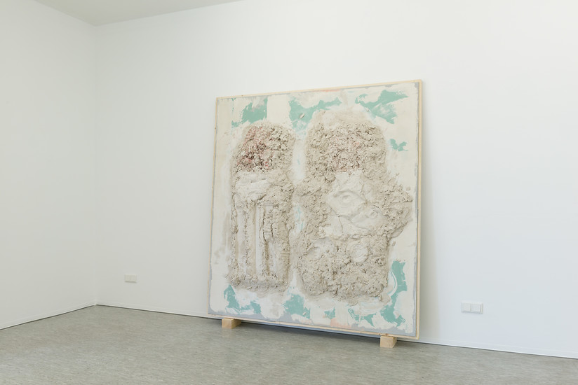 Ohne Titel, 2019 &ndash; 203 x 183 cm;
Putz, Pigment auf Gipskarton und Holz; Foto Annette Kradisch