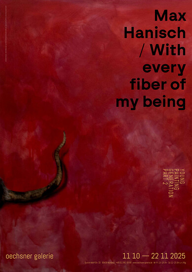 Ausstellungsplakat (Gestaltung: Gillitzer.net) &ndash; Abb.: Max Hanisch, With every fiber of my being (Triptychon), 2024 – Leim, Pigmente, Kohle, Acryl, Pastellkreiden auf Nessel, 450 x 190 cm (Bildausschnitt)