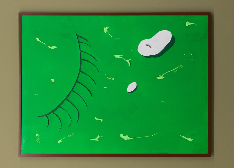 Verena Issel, WeChat IV, 2017 – 89 x 119 cm; Linoldruckfarbe und Silkon-Styropor auf Karton und Papier; Foto: Annette Kradisch