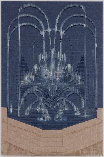 Jasmin Schmidt, fundament and fountain, 2024 &ndash; 165 x 125 cm; gezogenes Garn, Kreidefarbe auf Mischgewebe; Foto: Annette Kradisch