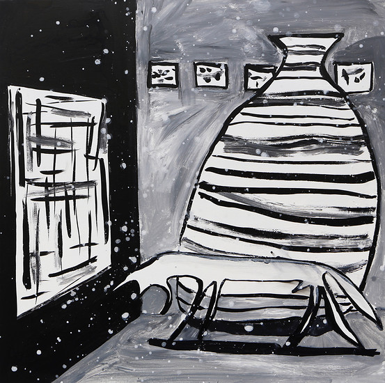 Ausstellung im Winter, 2019 &ndash; 100 x 100 cm; Tusche und Acryl auf Leinwand; Foto Tobias Tragl