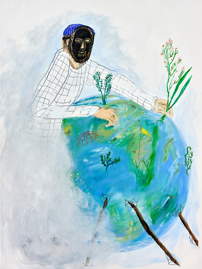 „Anonymer Visionär rettet die Welt“, 2020 – 160 x 120 cm; Öl und Acryl auf Leinwand; Foto: Tim Hufnagl
