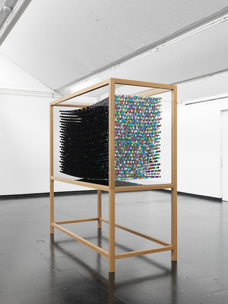 Pracht, 2014 – 210 x 90 x 210 cm; Eiche, Acrylglas, Stahlfäden, Pailletten, Stiftperlen, Edelstahlseil