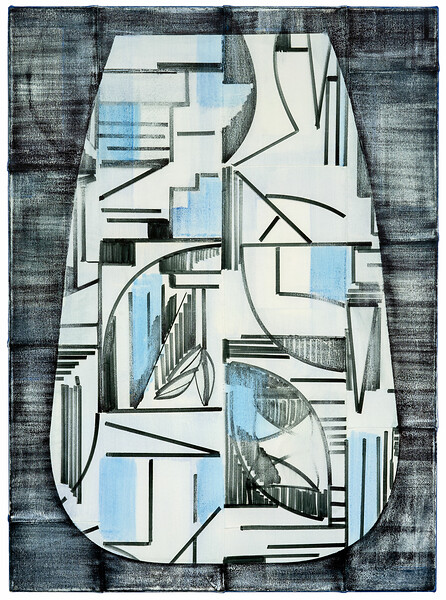 Vase mit Räumen, 2022 – 110 x 80 cm; Tusche, Kreidfarbe und Garn auf blauem Loden; Foto: Studio Jasmin Schmidt