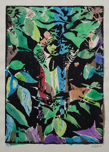o. T. (Blätter), 2018 – 42 x 30 cm auf 50 x 40 cm;
Linolschnitt, Aquarell, Gouache auf Papier; Foto Annette Kradisch