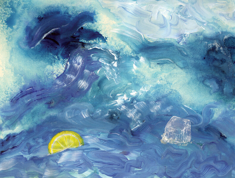Max Hanisch, Eiswürfel & Zitrone, 2019 &ndash; 40 x 30 cm; Acryl und Aquarell auf Papier